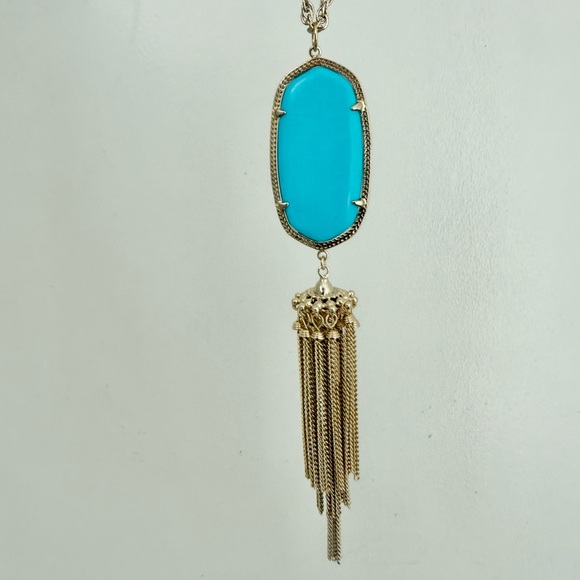 Kendra Scott Rayne Turquoise Tassel Necklace 14K Gold Plated 30” + Extender - Picture 2 of 4